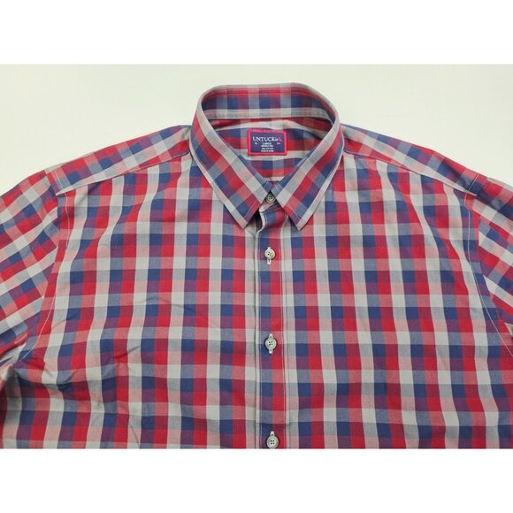 Untuckit Large Wrinkle Free Gray Blue Red Check Long Sleeve Logo Cotton Shirt - Picture 9 of 9
